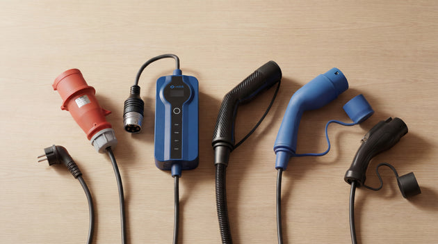 Voldt® EV charging cable range with red CEE plug, control box and Type 2 connectors laid out on wood