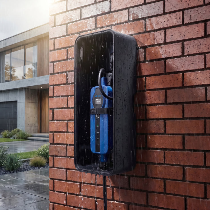 Blue portable charger inside a wall box on a brick facade during rainfall